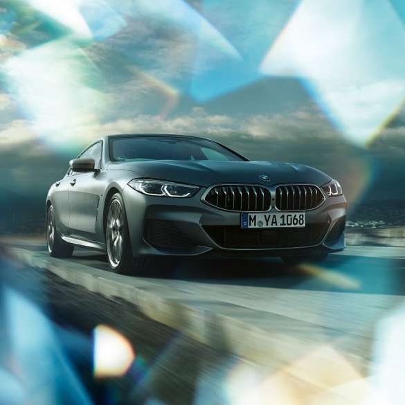 BMW M850i xDrive Gran Coupé three-quarter front view BMW M850i xDrive Gran Coupé G16 2019 BMW Individual Frozen Bluestone metallic three-quarter front view