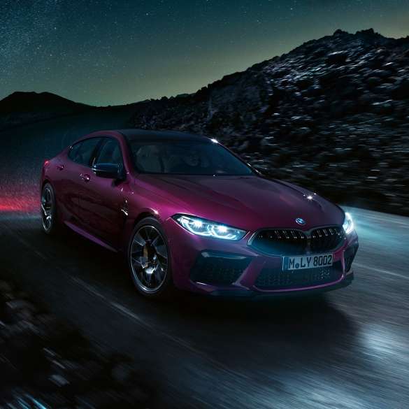 BMW M8 Competition Gran Coupé three-quarter front view BMW M8 Competition Gran Coupé F93 2020 BMW Individual Ametrine metallic three-quarter front view