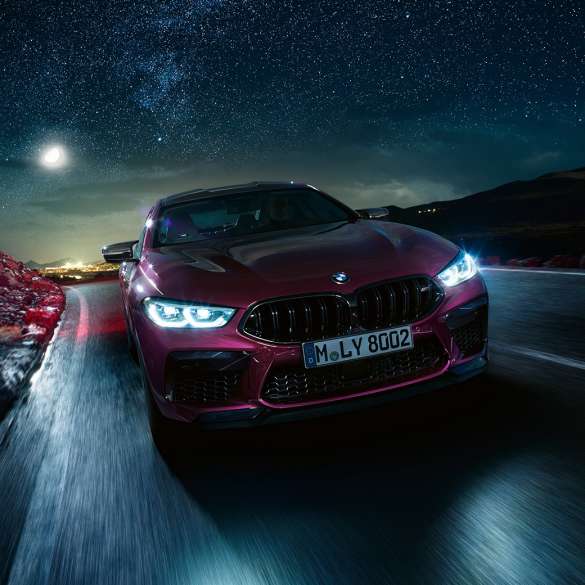 BMW M8 Competition Gran Coupé front view driving BMW M8 Competition Gran Coupé F93 2020 BMW Individual Ametrine metallic front view driving