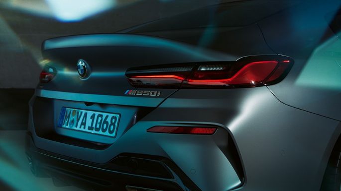 BMW M850i xDrive Gran Coupé close-up rear BMW M850i xDrive Gran Coupé G16 2019 BMW Individual Frozen Bluestone metallic close-up rear