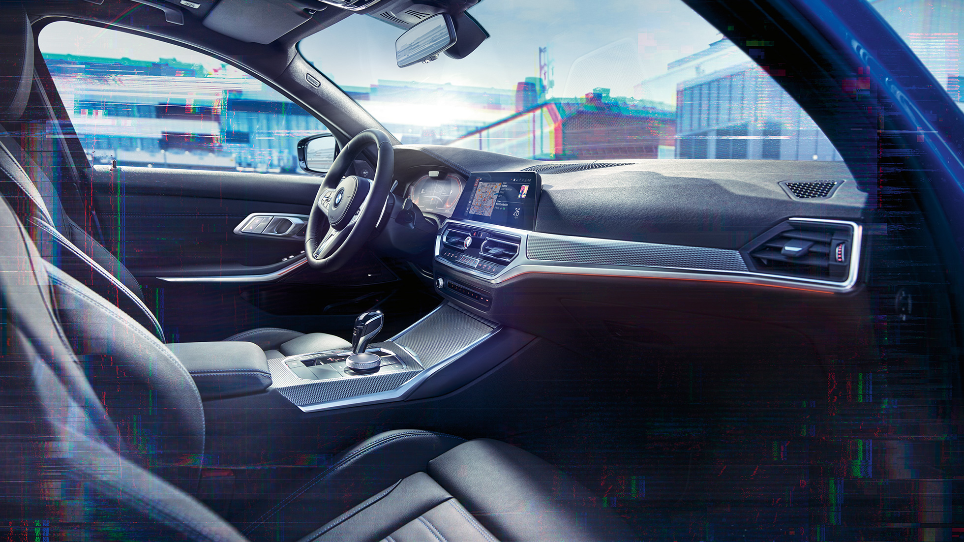 BMW 3 Series Sedan, BMW Live Cockpit Professional. Close-up of the interior of the BMW 3 Series Sedan with BMW Live Cockpit Professional.