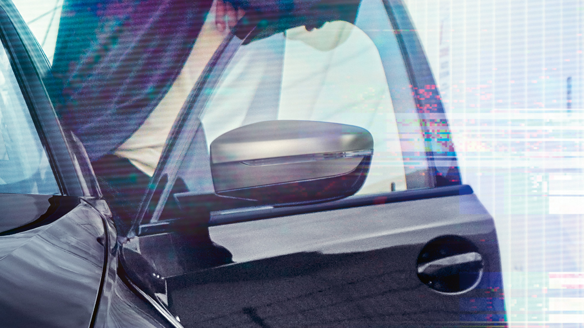 BMW 3 Series Sedan, mirror caps. Detail view of the open driver's door with mirror caps in Cerium grey metallic.