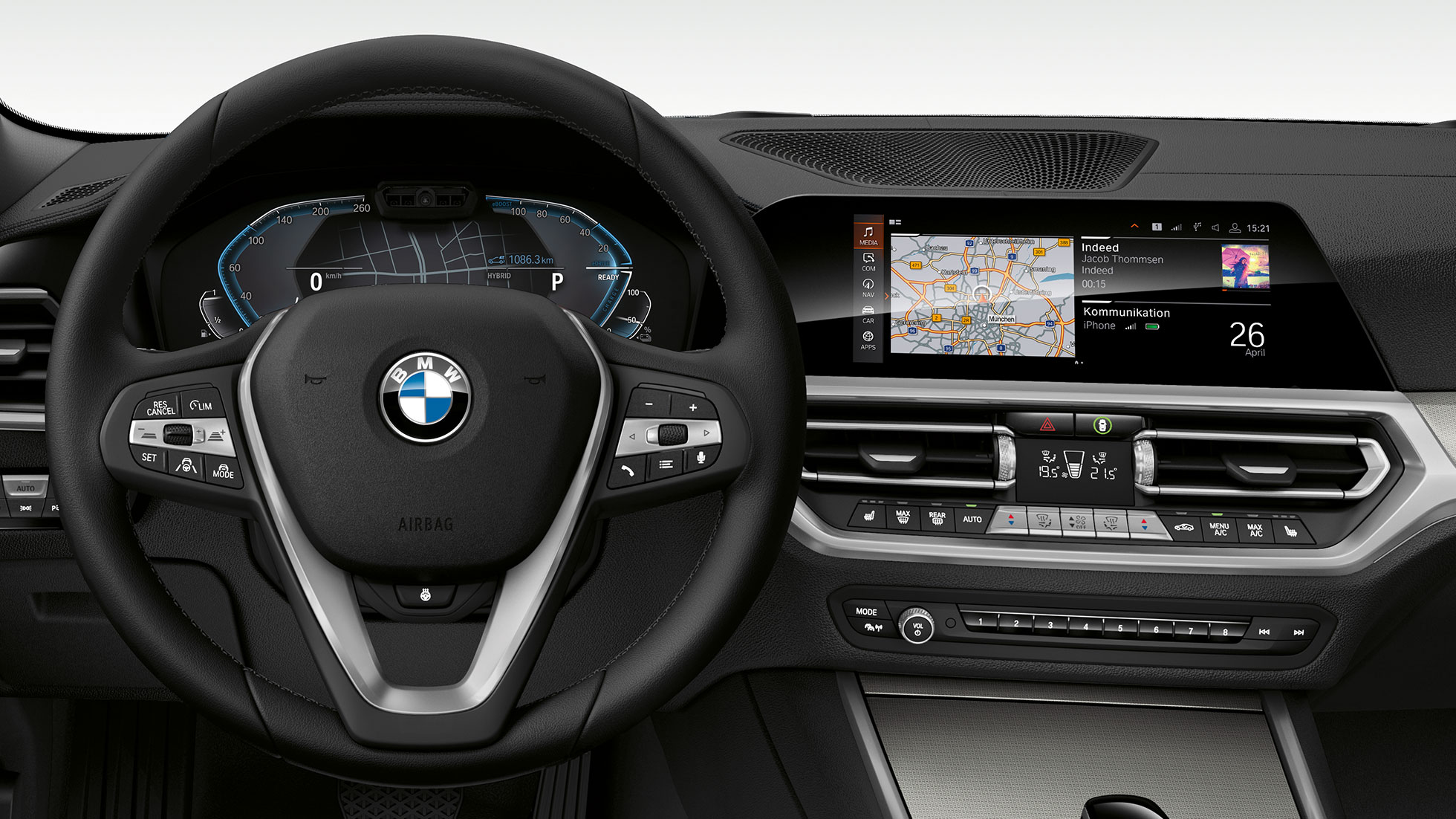 BMW 3 Series Sedan, 330e Cockpit. Detailed frontal view of the BMW 3 Series Sedan cockpit with i-specific display.