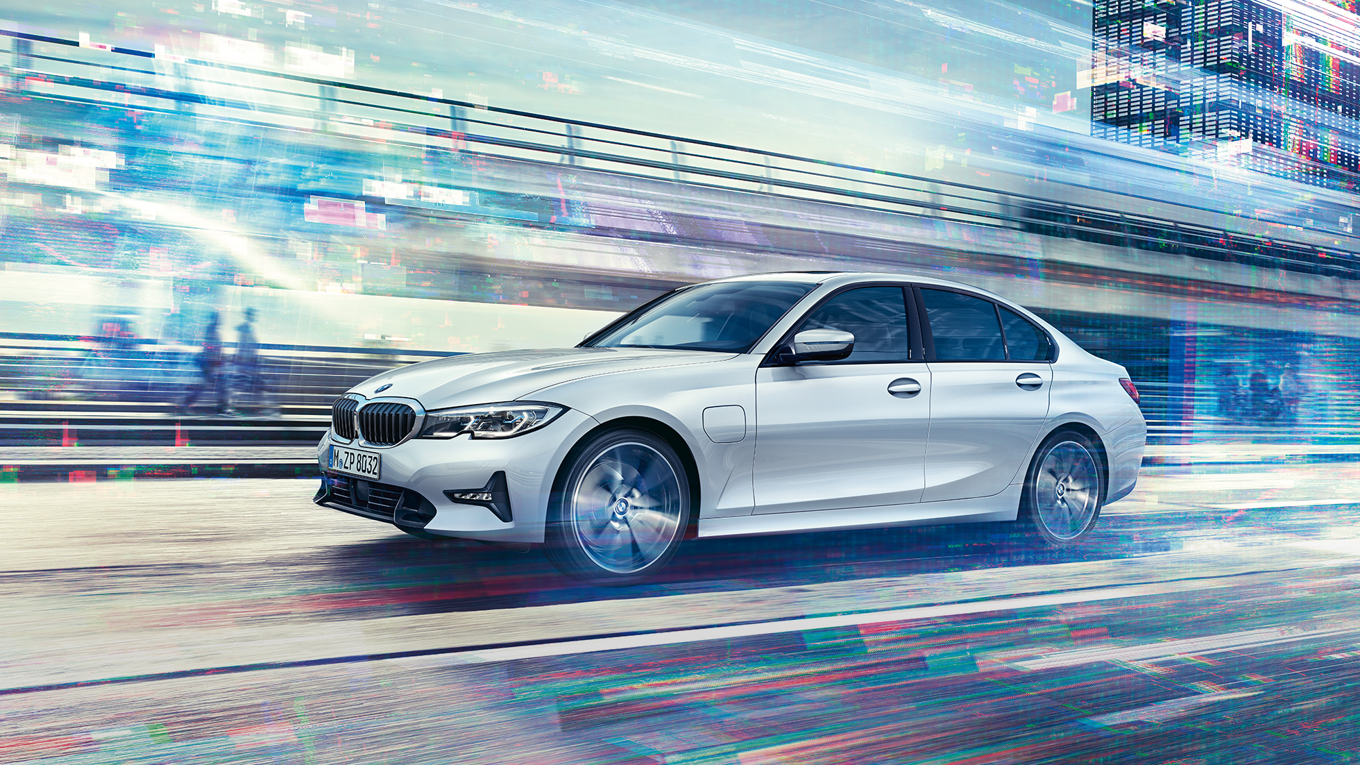 BMW 3 Series Sedan, side view of the driving BMW 3 Series Sedan 330e. Side view of the driving BMW 3 Series Sedan 330e in front of urban backround.