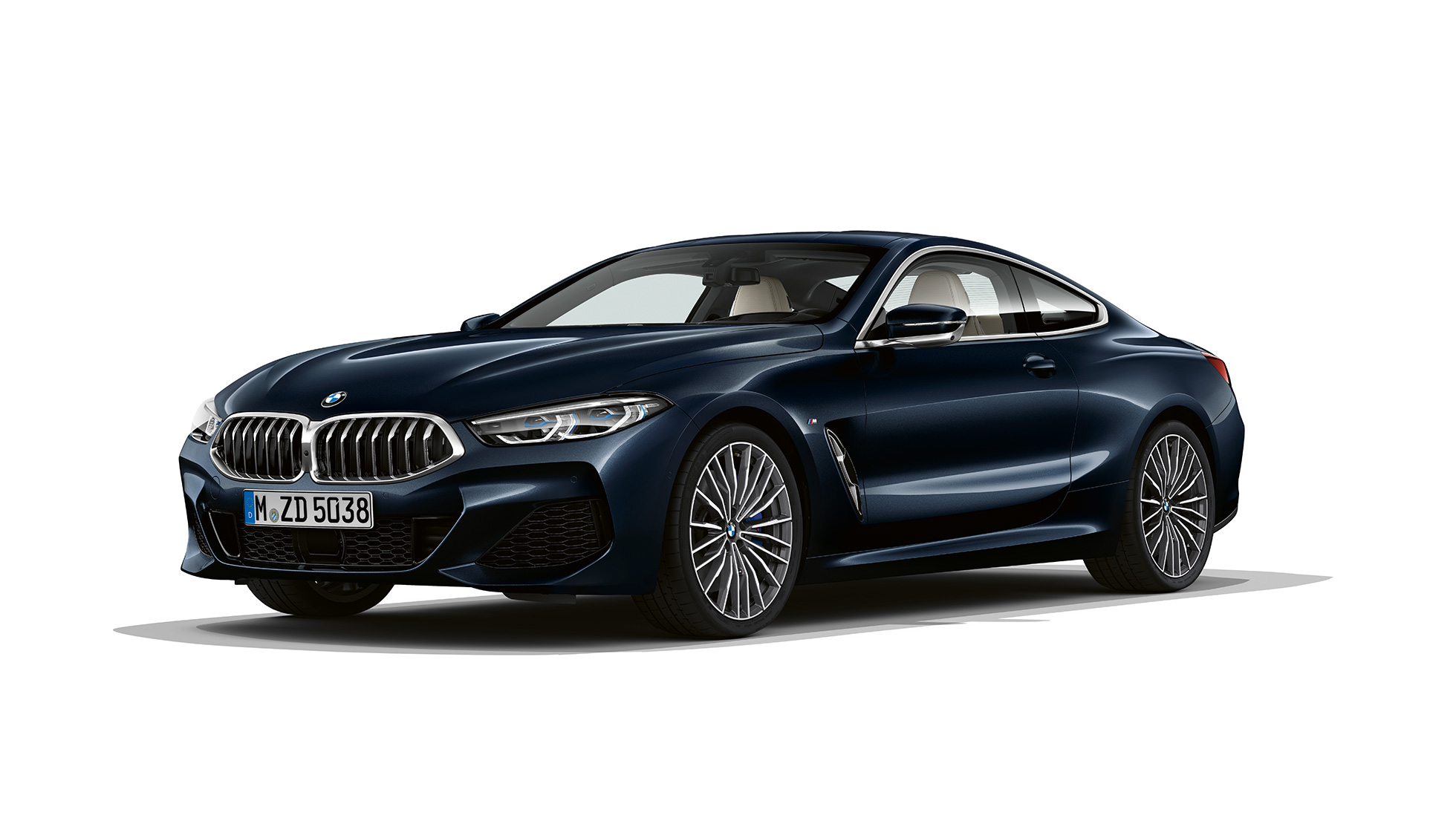 BMW 8 Series Coupé, three-quarter front view. BMW 8 Series Coupé, Carbon Black metallic, three-quarter front view.