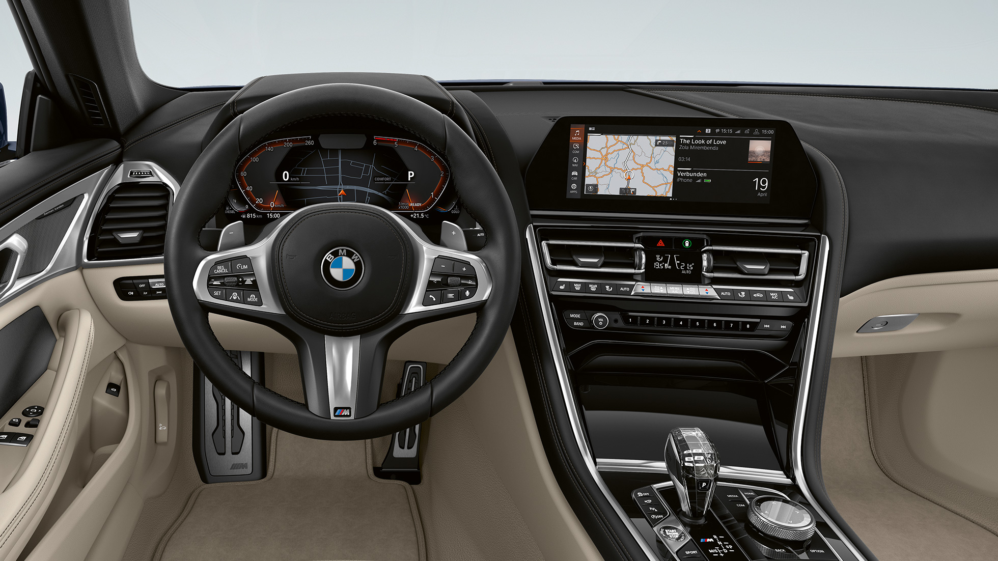 M Leather steering wheel with Multifunction. BMW 8 Series Coupé, Cockpit, M Leather steering wheel with Multifunction.