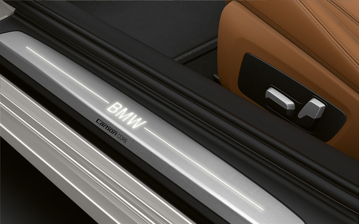 BMW 8 Series Coupé, door sill with BMW logo. Close-up of the door sill of the BMW 8 Series Coupé with BMW logo.
