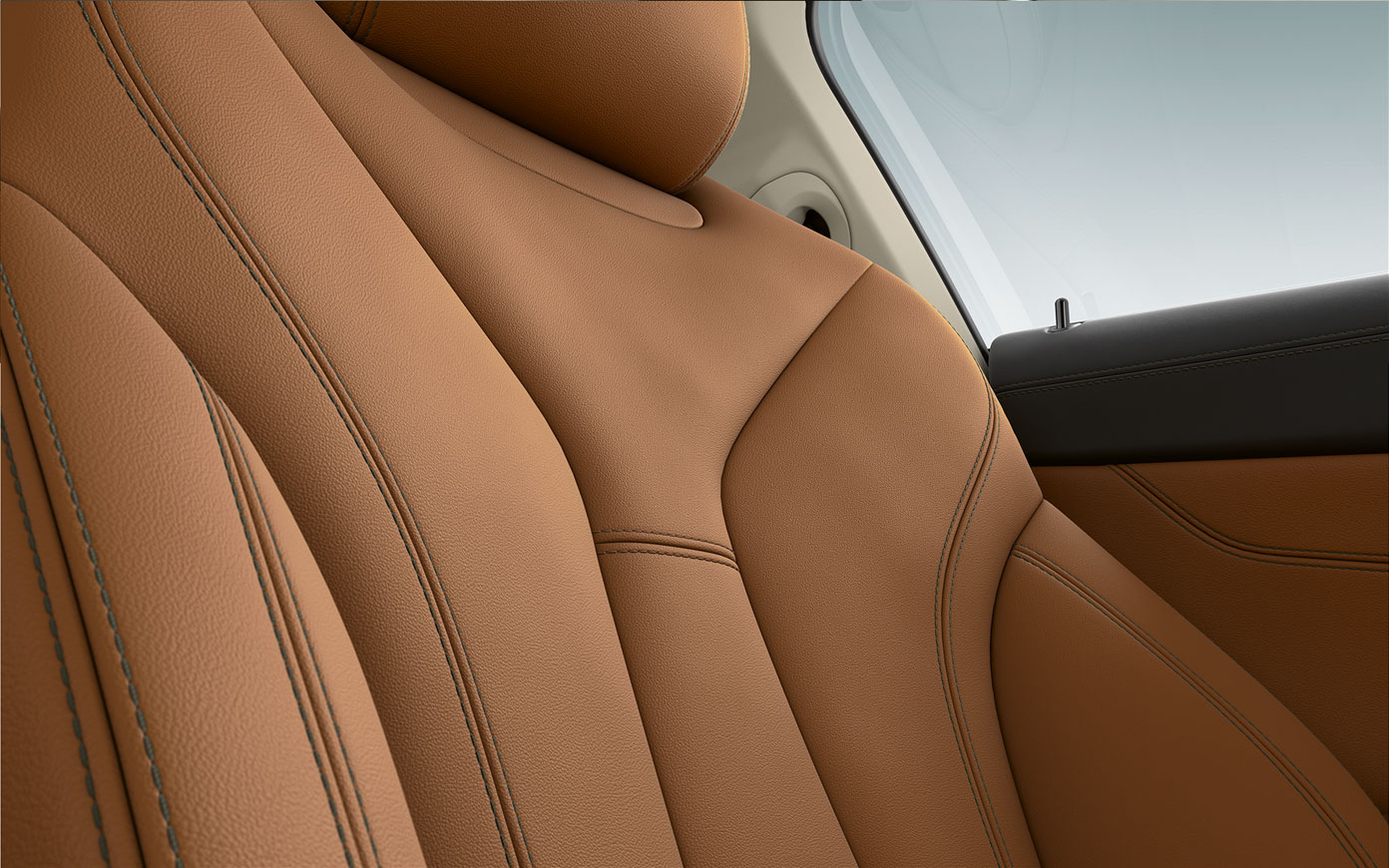 BMW 8 Series Coupé, upholstery Close-up of the upholstery and stitching of the BMW 8 Series Coupé.