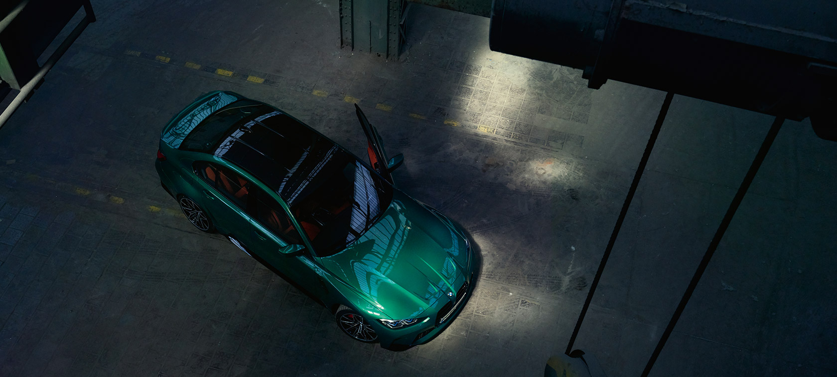 BMW M3 Sedan G80 2020 bird’s-eye view with open door BMW M3 Sedan G80 2020 Isle of Man Green metallic bird’s-eye view with open door