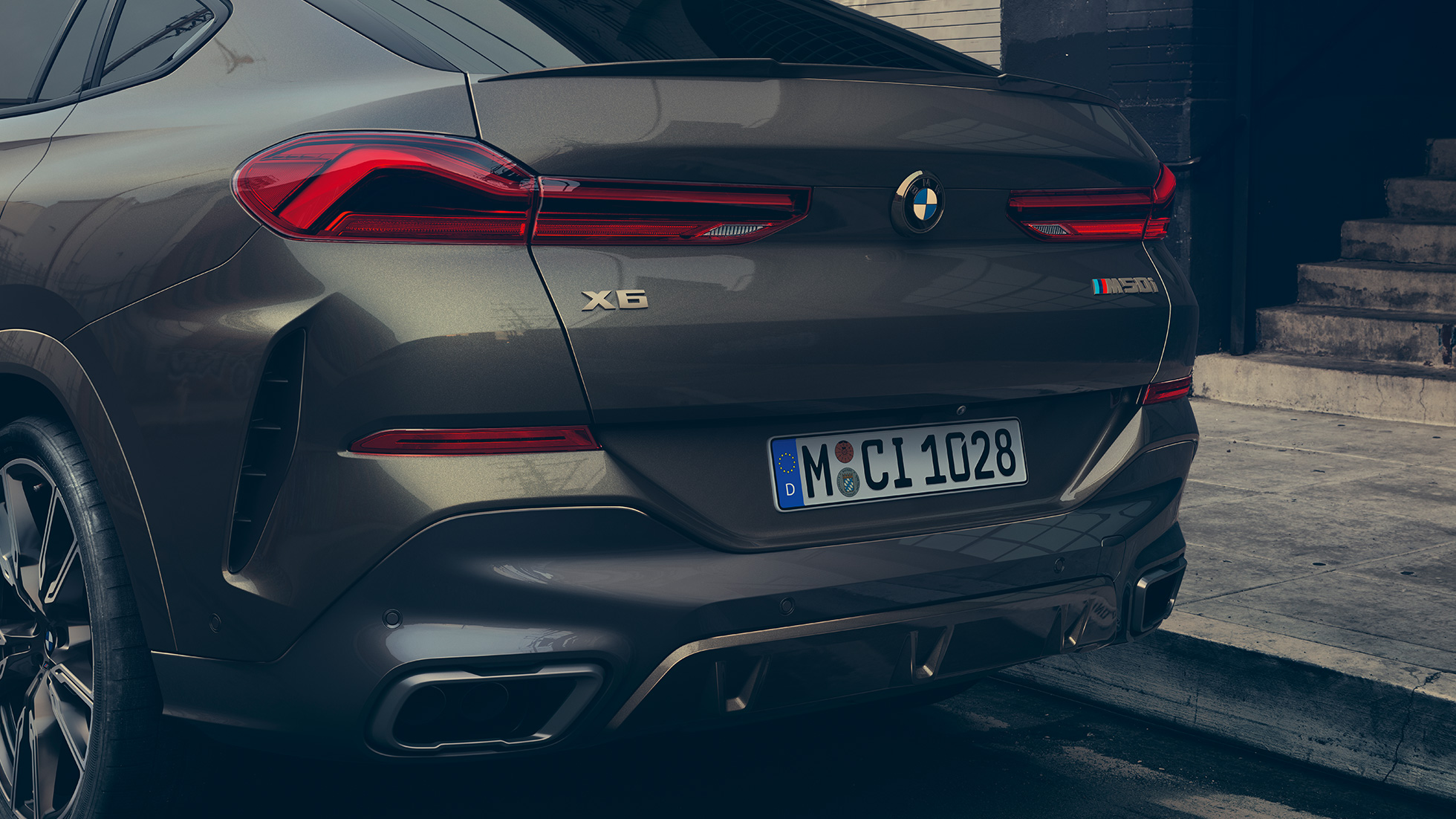BMW X6 M50i rear. Close-up of the BMW X6 M50i rear.