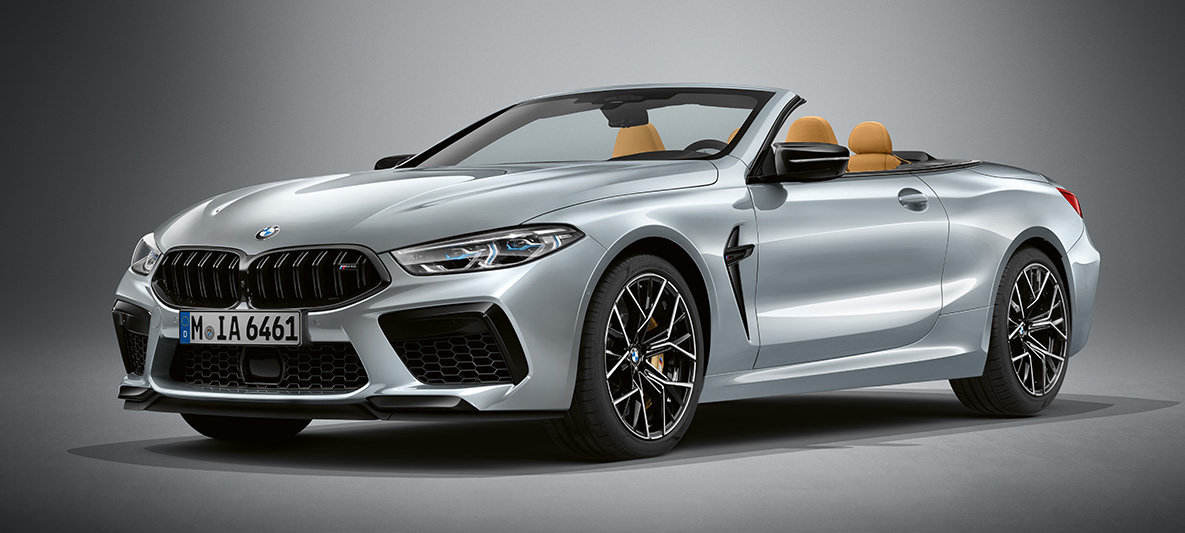 BMW Individual M8 Convertible in BMW Individual Pure metal Silver metallic. BMW Individual M8 Convertible in BMW Individual Pure metal Silver metallic, three-quarter front view.