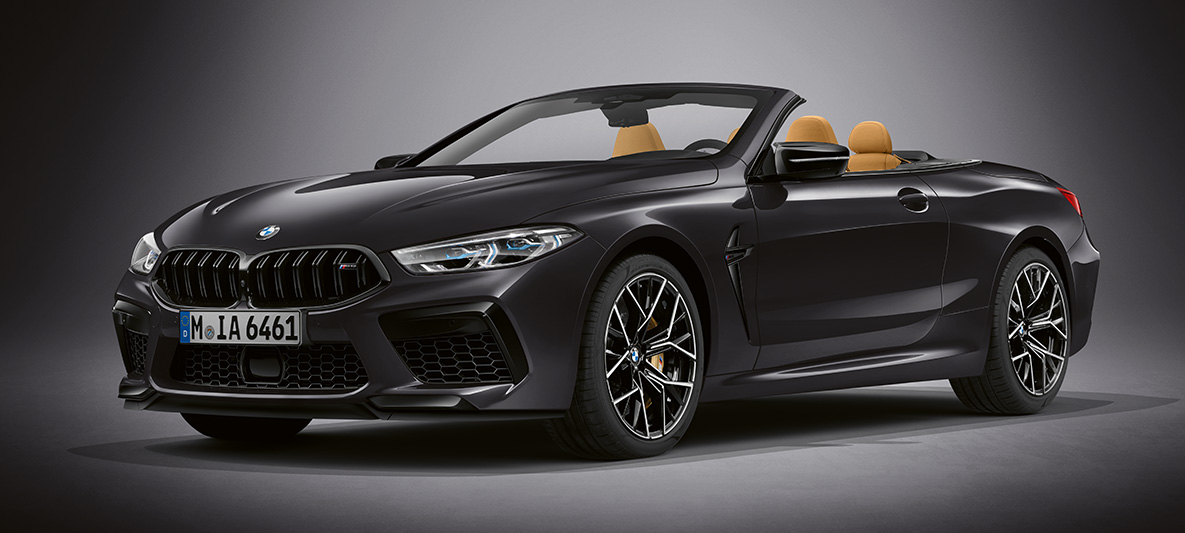 BMW Individual M8 Convertible in BMW Individual Brands Hatch Grey. BMW Individual M8 Convertible in BMW Individual Brands Hatch Grey, three-quarter front view.