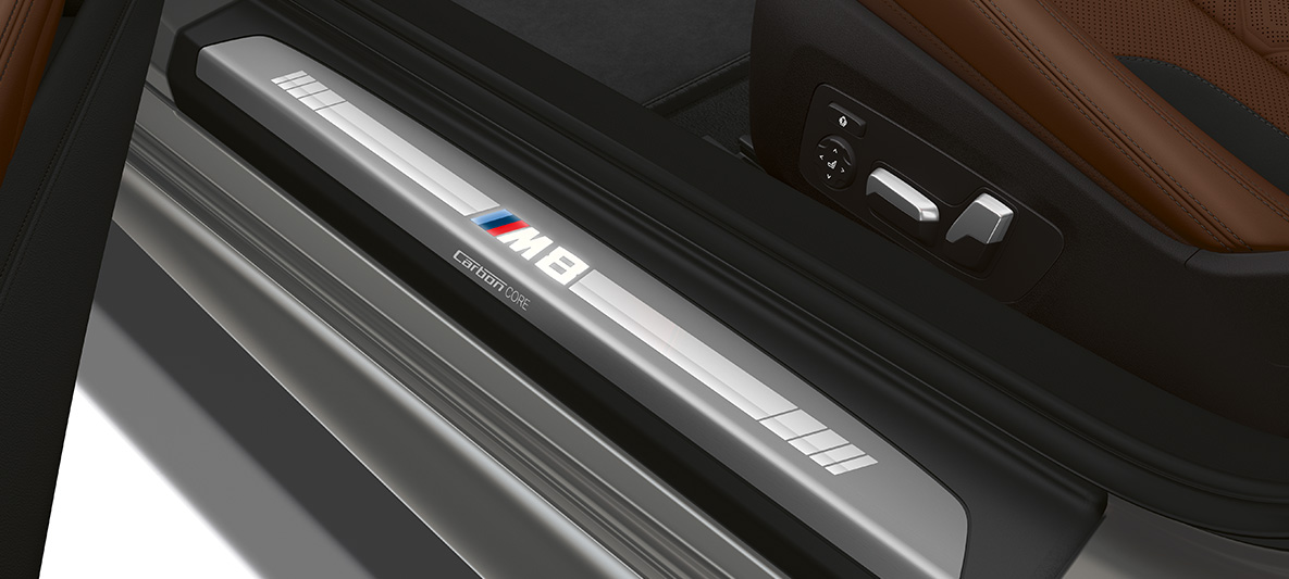 Entry sill with M8 designation. Entry sill of the BMW M8 Convertible with M8 designation.